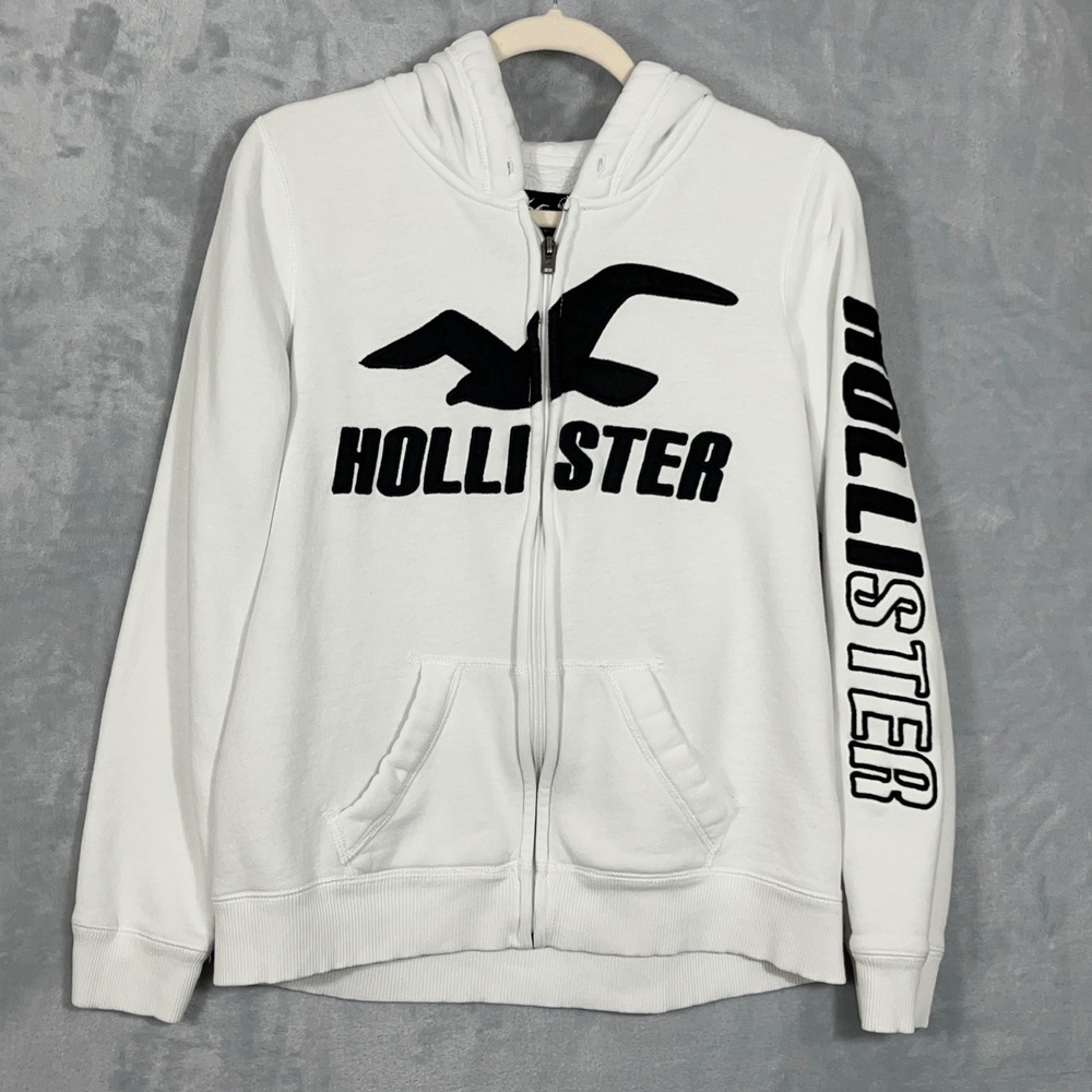 Hollister Women Zip Up Hoodie M White Graphic Logo Y2K Surf California Beach